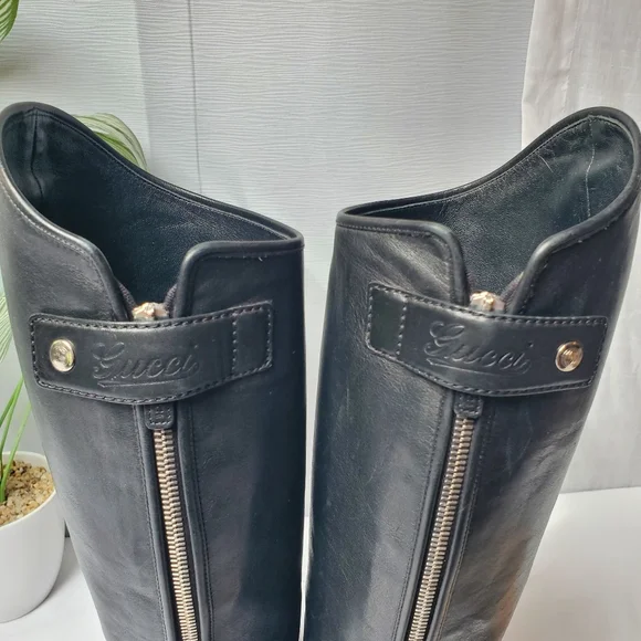 Gucci Black Leather Knee High Boots Low Heel Riding Boots Size 36.5 - Picture 10 of 14